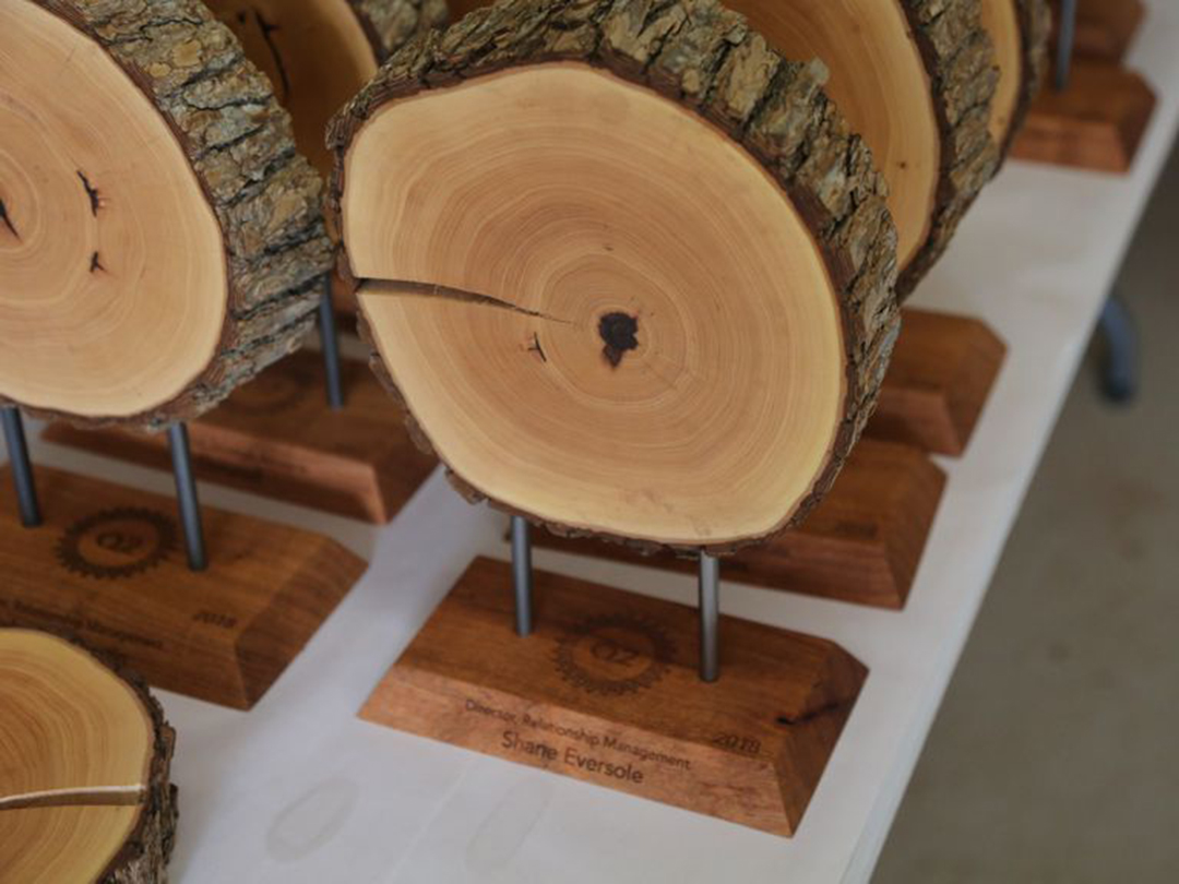 closeup of custom wood company award