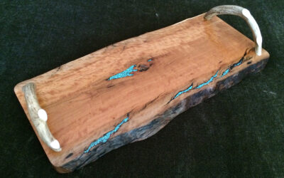 mesquite wood serving tray with antler handles, live edge, and turquoise fill